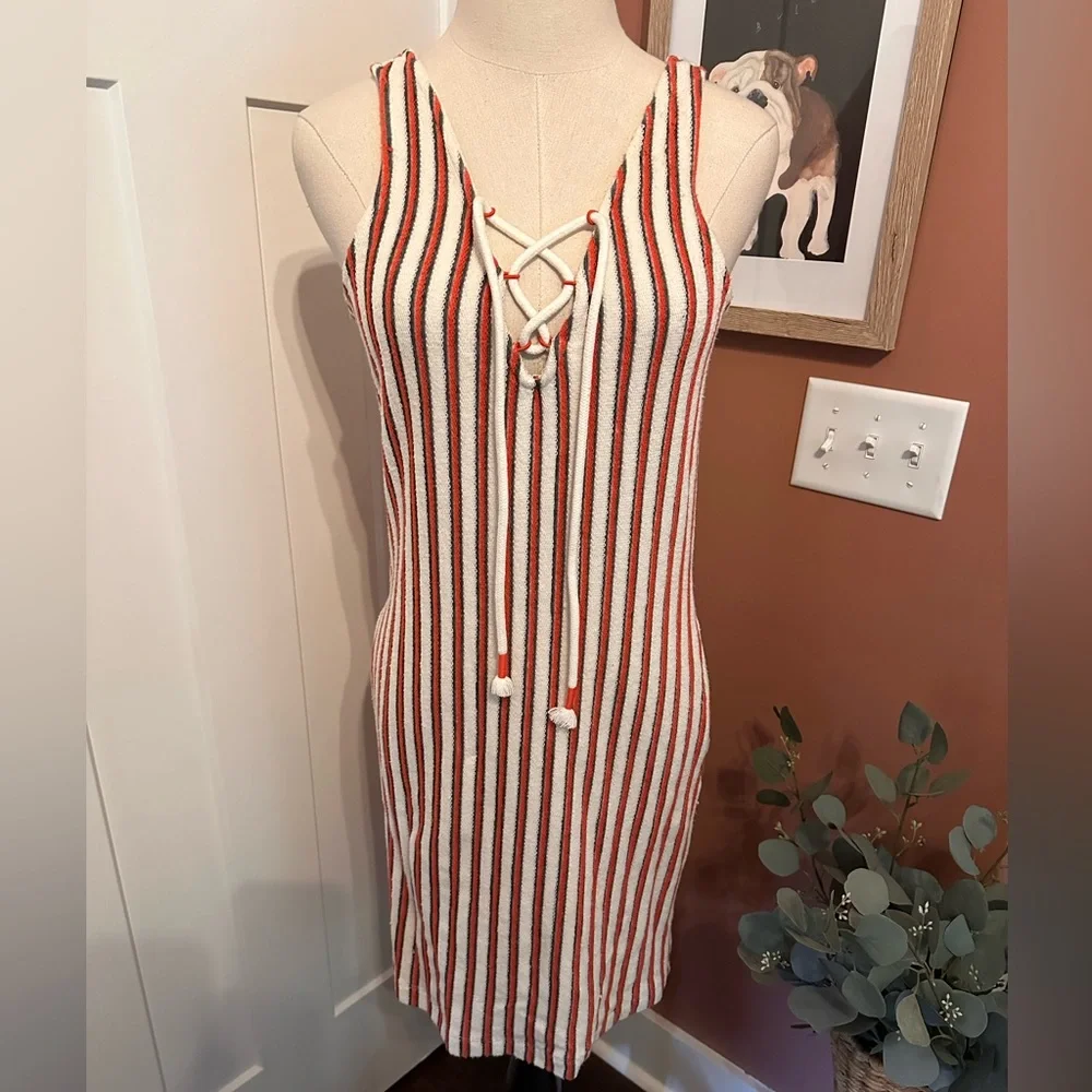 Rebecca Minkoff nautical striped lace up deep Vneck S cotton pockets mini dress
